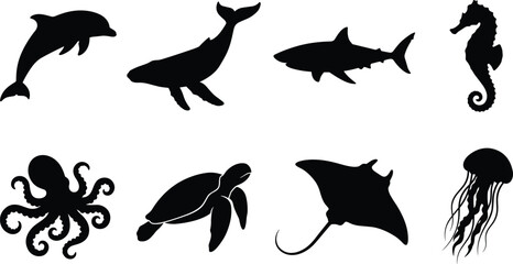 Sea animals silhouette collection featuring dolphin whale shark seahorse octopus sea turtle manta ray and jellyfish on white background © Sirajul