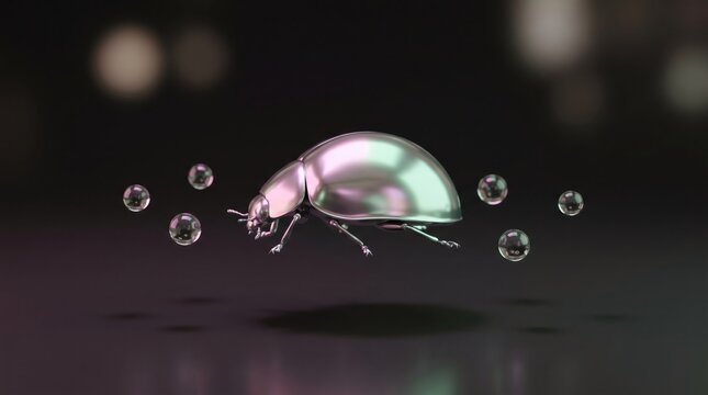 Floating metallic ladybug surrounded by floating water bubbles on dark background, surreal nature and futuristic insect concept