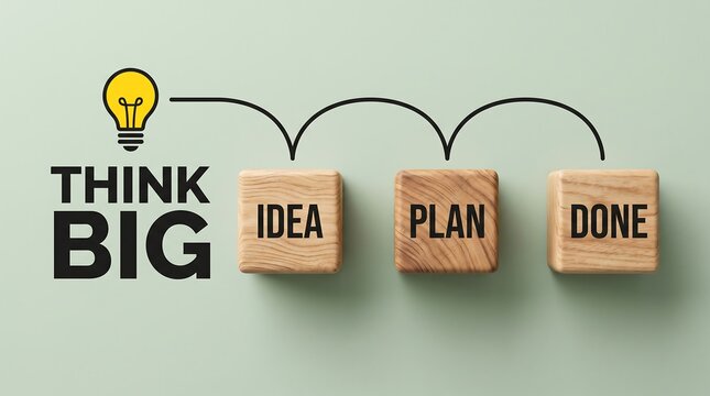 Think Big process: idea, plan, and done stages visualized with wooden blocks and lightbulb symbol for business strategy and project success