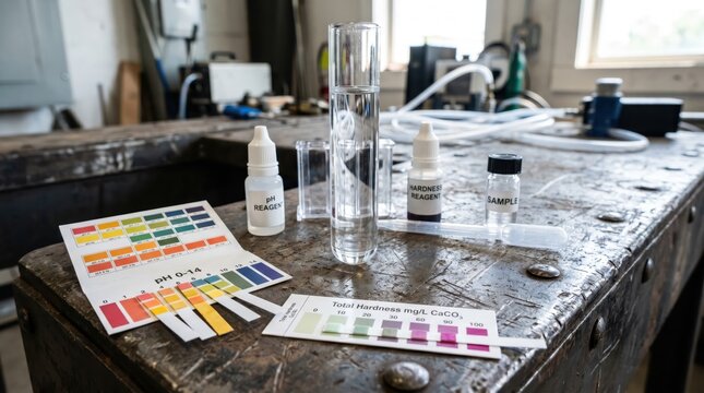 Water testing kit with pH strips, hardness strips, and a test tube on a textured metal surface.