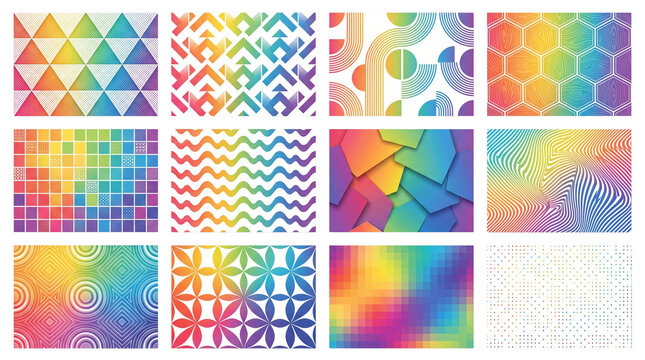 Rainbow geometric pattern collection, colorful abstract background set with 12 vibrant designs, modern gradient texture pack for creative graphic design isolated on White Background
