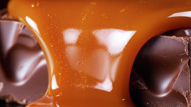 Thick Caramel Sauce Pouring Over Dark Chocolate Bar Macro Shot