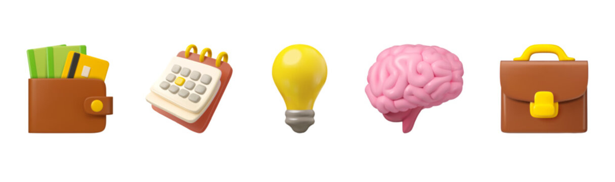 Vector 3d business icon set. Wallet, light bulb, brain, briefcase and calendar symbols. Management emoji collection