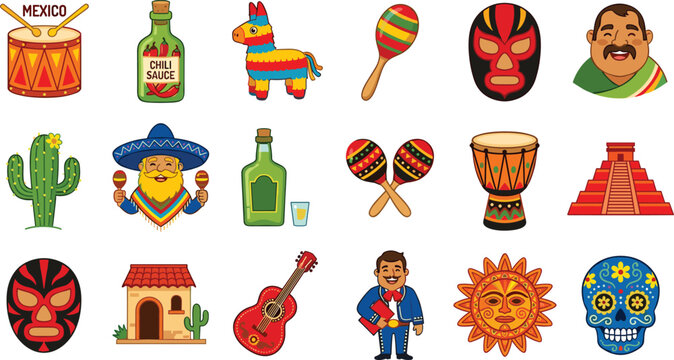 Mexican Culture and Cinco De Mayo Festival Icon Vector Illustration Set Featuring Sombrero Cactus Pi&ntilde;ata Maracas Tequila Luchador Mask and Aztec Pyramid Symbols