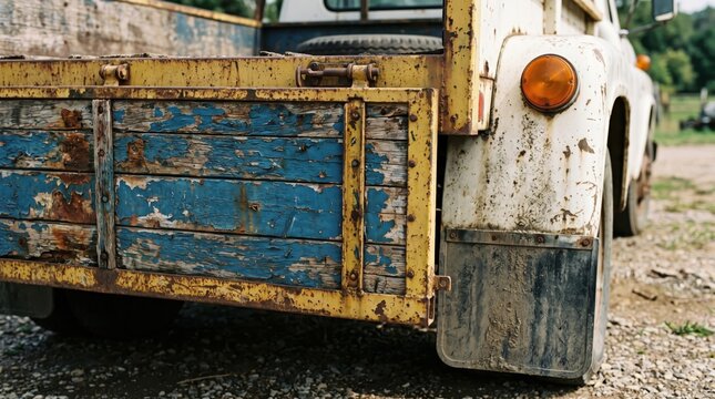 A detailed view shows the corroded blue wooden tailgate and yellow metal frame of a vintage truck, emphasizing its soiled white fender, dark gray mudflap, and orange turn signal.