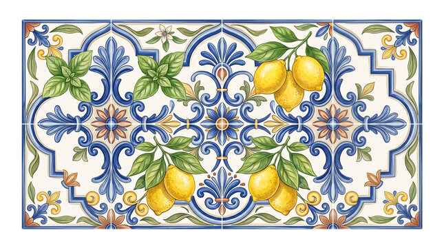 Mediterranean ceramic tile pattern with lemons and basil, traditional Italian majolica style mural, blue and yellow floral citrus backsplash design isolated PNG with Transparent Background