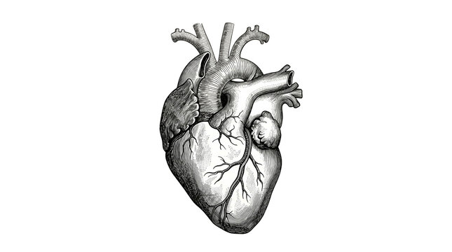 Vintage anatomical human heart engraving, detailed medical illustration of cardiac organ, antique scientific drawing of human heart anatomy isolated PNG with Transparent Background