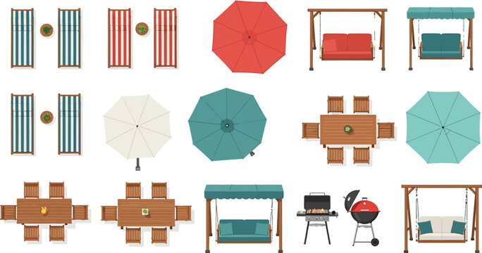 Outdoor patio furniture set with umbrellas, dining tables, lounge chairs, and garden swings in top view vector