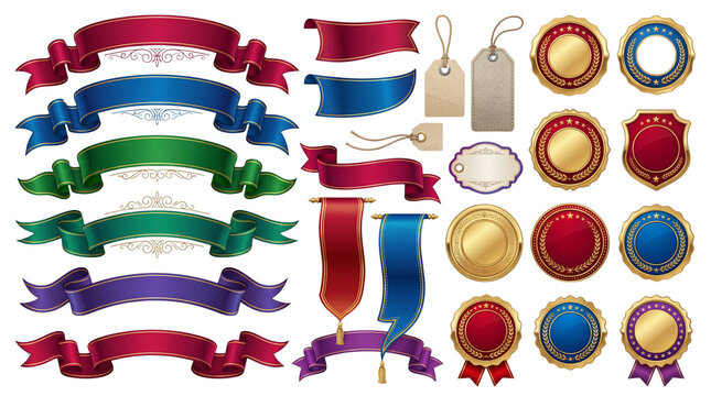 Vintage luxury ribbon banners and gold seal collection, elegant silk satin scrolls with premium metallic badges, royal heraldic labels and price tags isolated PNG with Transparent Background