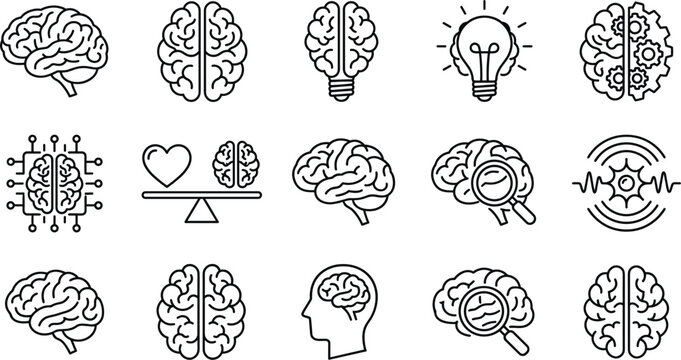 Human brain and artificial intelligence line icon set with lightbulb gears microchip balance scale magnifying glass head