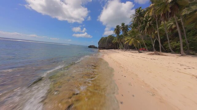 Drone FPV of Playa Fronton beach in Las Galeras Samana, Dominian Republic