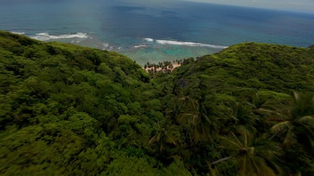 Drone FPV of Playa Fronton beaches in Las Galeras Samana, Dominian Republic