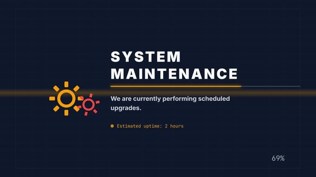 Animated system maintenance screen with dynamically rotating gears and a filling progress bar on a dark digital grid background, displaying scheduled upgrades and estimated uptime