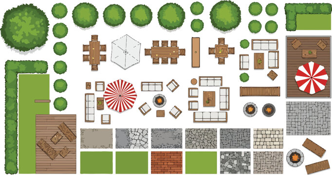 Top view landscape design elements set with patio furniture trees hedges and paving textures for architectural planning