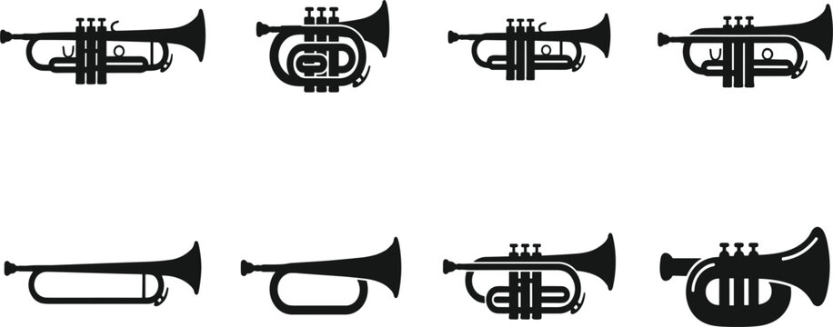 Brass wind musical instruments black silhouette icons vector collection featuring classical orchestra trumpet jazz cornet pocket horn and marching band bugle elements