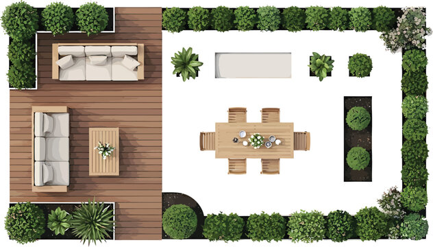 Top view of modern garden landscape design with wooden deck patio furniture and dining area vector illustration