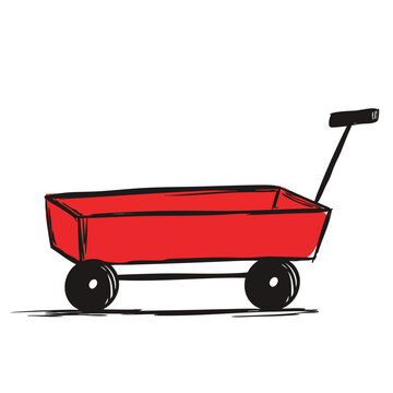 A hand drawn illustration of a classic red toy wagon.