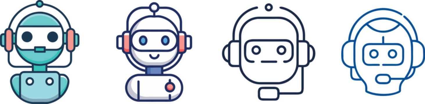 Customer Support Robot Icon Set &ndash; AI Assistant with Headphone Cute Bot Vector Illustration