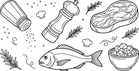 Cooking food preparation line icon set with meat steak raw fish salt shaker pepper mill rosemary seasoning elements © vector design 