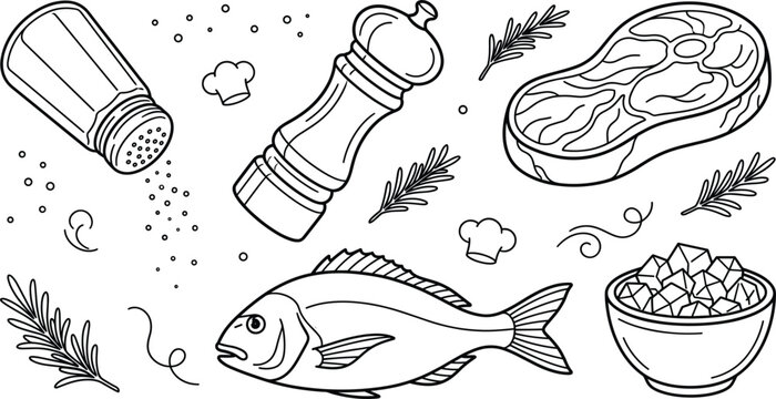 Cooking food preparation line icon set with meat steak raw fish salt shaker pepper mill rosemary seasoning elements