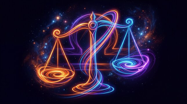Libra zodiac sign as neon scale in starry space. Cosmic constellation glowing with light energy. Horoscopic symbol representing balance and justice for astrology and astronomy concept
