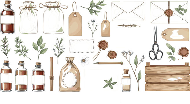 Vintage Botanical Packaging Elements Collection Featuring Apothecary Bottles, Herbal Labels, Wax Seals, Rustic Tags, and Natural Branding Designs