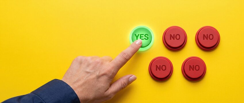 Hand selecting yes option among no choices on yellow background