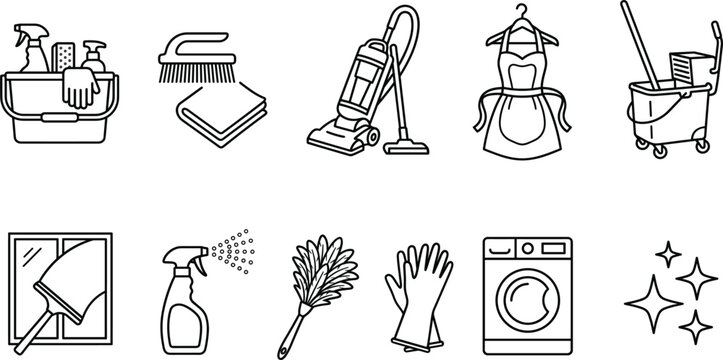 Cleaning service household tools icons set line outline vector minimalist home chores sanitary wash equipment housekeeping janitor elements