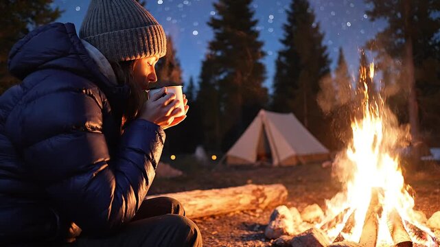 Woman sitting by campfire at night holding a steaming mug while camping