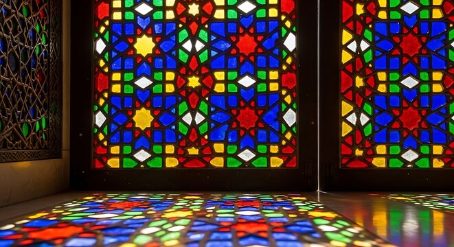 Colorful stained glass window with light pattern