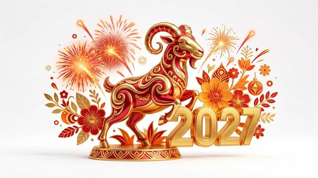 Red and golden statue of a goat as a symbol of 2027 Chinese New Year. Festive 3D illustration with fireworks and floral elements. Decorative greeting card design for lunar celebration