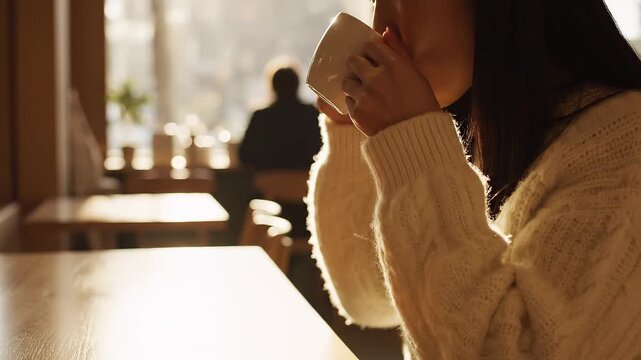 Woman sitting in cafe drinking hot coffee from a steaming mug at sunset