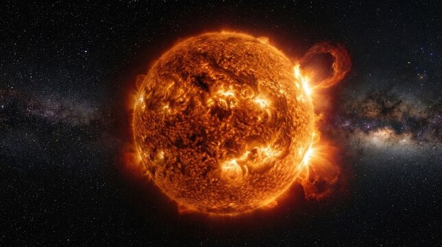 Sun, celestial body experiencing a powerful solar flare, erupting incandescent plasma, releasing intense magnetic energy, causing a geomagnetic storm, radiating heat across dark universe.