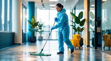 Fototapeta premium Woman cleaner wearing protective suit and gloves mopping office corridor floor. Professional janitor performing deep disinfection of commercial building. Safety maintenance service concept