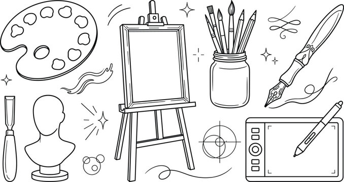 Art studio supplies and creative tools doodle icons set with easel palette brushes mannequin fountain pen and graphics tablet