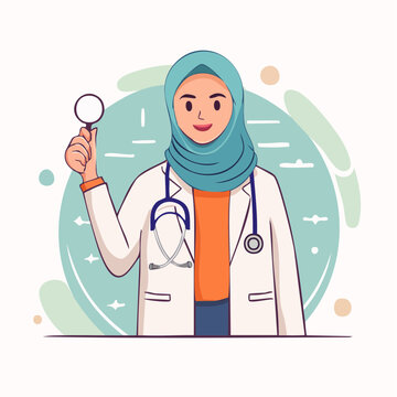 Muslim Female Doctor Holding Magnifying Glass with Stethoscope