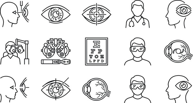 Ophthalmology and optometry eye care line icon set with doctor phoropter chart laser surgery glasses anatomy vision test