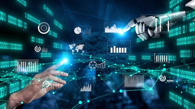 This image showcases a dynamic interaction between a human hand and a robotic hand set against a backdrop of digital data, emphasizing technology role in innovation. Xenic