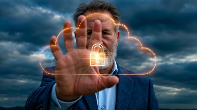 Cloud security lock hand man suit jacket white shirt cloud computing data protection businessman touching glowing padlock interface cybersecurity