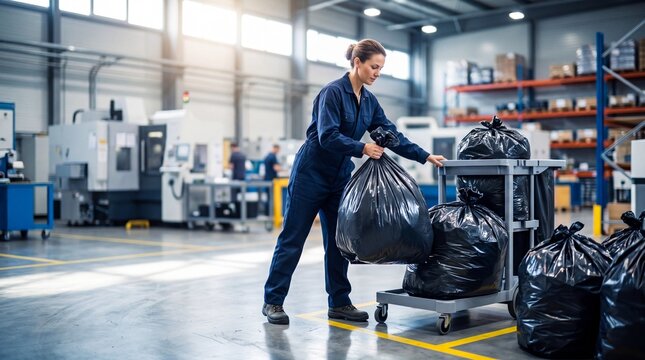 Woman janitor loading trash bag onto cart in industrial workshop. Cleaning service worker managing garbage disposal in factory. Maintenance occupation, waste management and hygiene concept