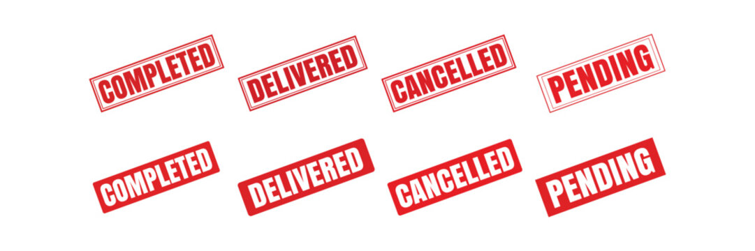 Collection of red rubber stamps indicating status such as completed delivered cancelled and pending