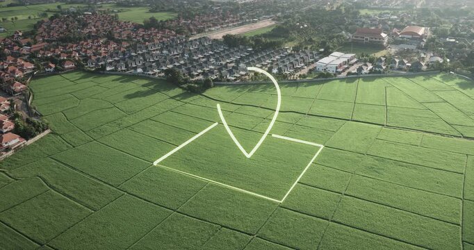 Aerial drone footage of land with location marker and boundary overlay, representing land for sale, property investment, real estate opportunity, land parcel identification and GIS mapping.