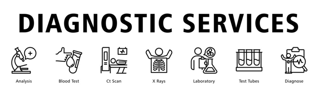 Diagnostic Services web banner icon vector illustration representing laboratory testing, imaging technology and comprehensive clinical evaluation.