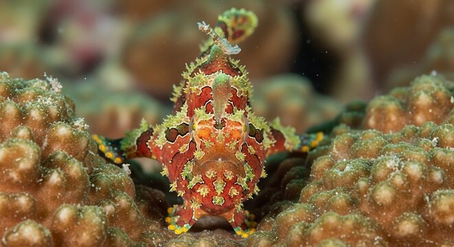 Warty frogfish close up portrait on coral