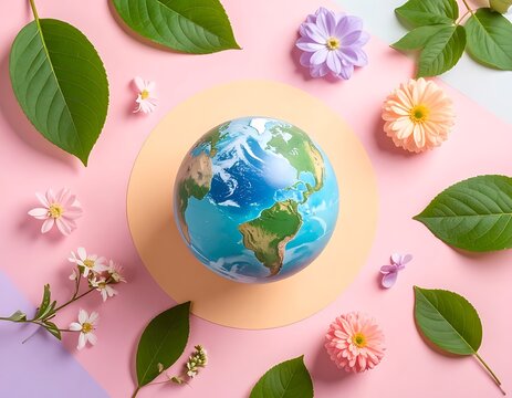 Earth Globe Surrounded by Flowers Leaves.