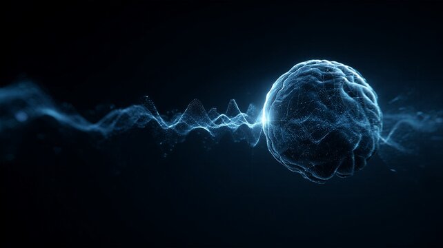 Abstract glowing digital brain with soundwaves and particle flow representing artificial intelligence quantum mind and neural cognitive processing for advanced futuristic technology backgrounds