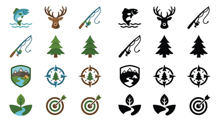 Collection of outdoor recreation and nature icons, including fishing, hunting, camping, and environmental themes. © melin