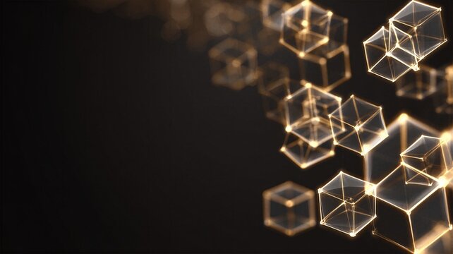 Macro view of glowing golden wireframe cubes floating in digital space ideal for decentralized network concepts big data architecture and futuristic tech backgrounds