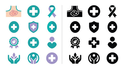 Obraz premium Set of medical icons and symbols in color and black and white for health and wellness concepts.