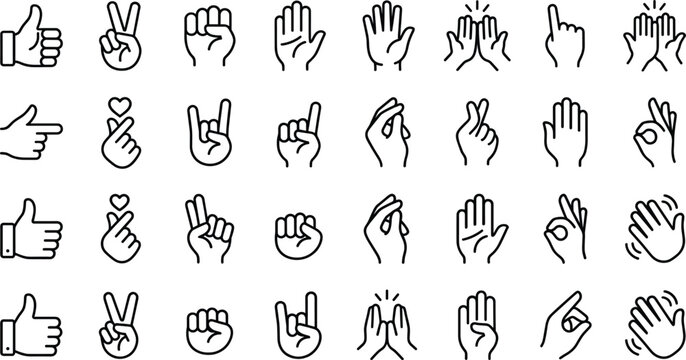Hand gestures line icon set with thumbs up peace sign fist high five clapping ok heart pointing waving